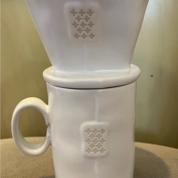 Rae Dunn Pour Over Drip Coffee Set “BREW” “ENJOY” Creamy White 2 Side Design Set - Picture 5 of 9